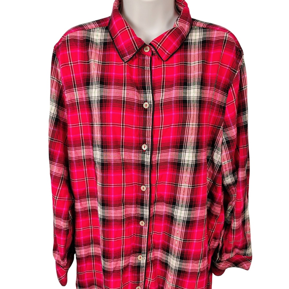 Victoria's Secret Womens L Sleep Shirt Pink Red Plaid Lurex Lace Coquette SZ L
